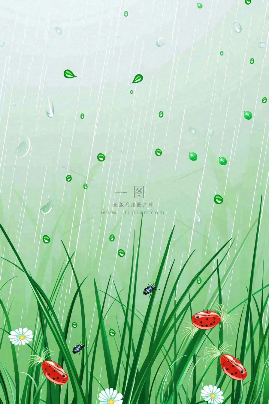 春天草丛花丛昆虫下雨天雨水惊蛰谷雨卡通插画背景