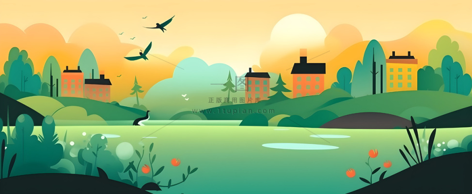 春夏森林山坡草地花草鸟绿植风景插画海报素材背景 春夏森林山坡草地花草鸟绿植风景插画海报素材背景