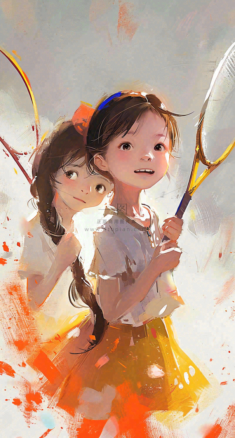 青春活力运动青年手绘插画油画,网球羽毛球球类
