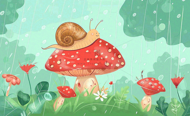 春天雨水蘑菇上的蜗牛森林惊蛰谷雨插画背景