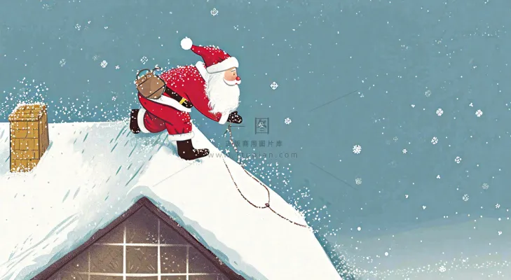 冬天圣诞老人屋顶带礼物,雪花雪屋,圣诞节卡通扁平插画 冬天圣诞老人屋顶带礼物,雪花雪屋,圣诞节卡通扁平插画