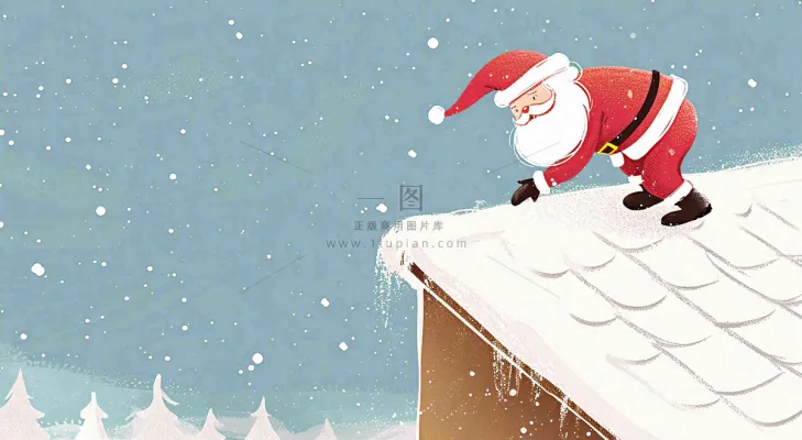 冬天圣诞老人屋顶带礼物,雪花雪屋,圣诞节卡通扁平插画 冬天圣诞老人屋顶带礼物,雪花雪屋,圣诞节卡通扁平插画
