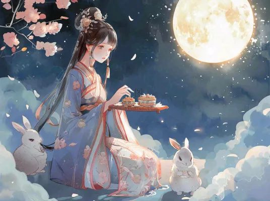 中秋节嫦娥玉兔月下嫦娥手捧月饼插图卡通唯美手绘可爱古风插画壁纸背景