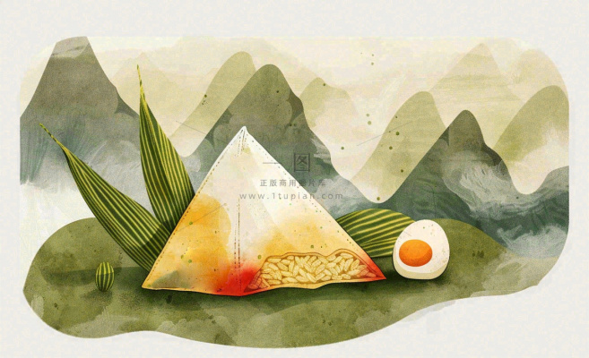 端午佳节粽子绿色青山国风插画水彩绘画背景 端午佳节粽子绿色青山国风插画水彩绘画背景