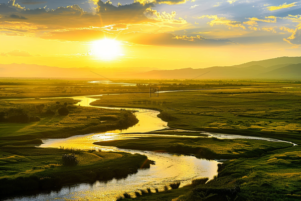 清晨日出朝霞云层山川摄影图