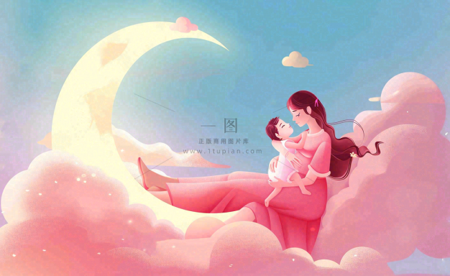 妈妈抱着孩子母亲节创意插画月亮睡眠晚安背景