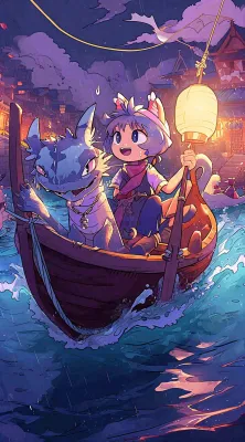 创意卡通古风河面人物游船,夜晚龙灯笼光照,海浪水面 创意卡通古风河面人物游船,夜晚龙灯笼光照,海浪水面