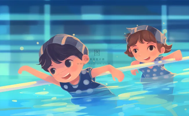 游泳池游泳儿童学生们玩乐蓝色卡通插画背景 游泳池游泳儿童学生们玩乐蓝色卡通插画背景