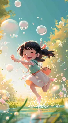 春天夏天女孩草地玩耍，阳光白云气泡可爱插画