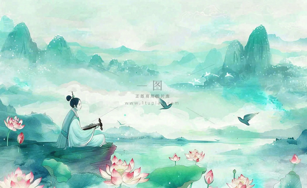 古风屈原人物山水画荷花端午时节中国风水墨插画背景