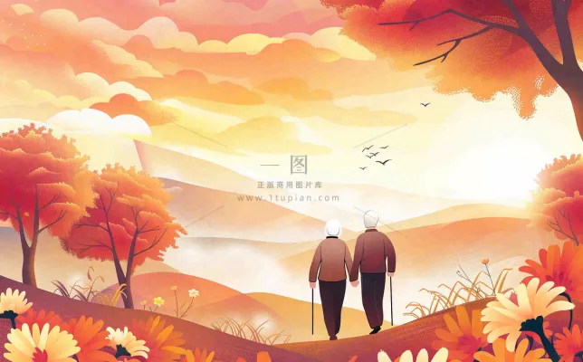 重阳节黄昏老人登高望远背影卡通插画背景