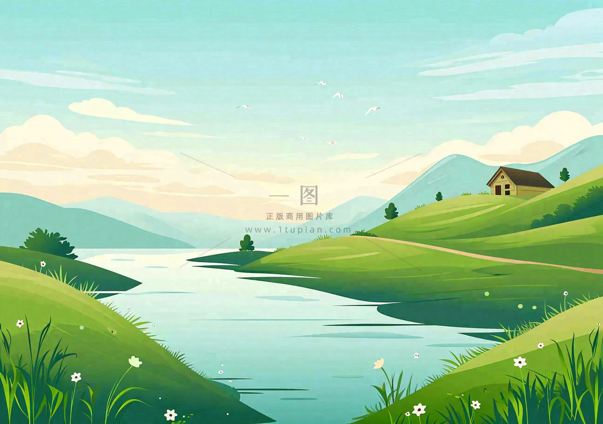 春日旅行草坪草丛花朵河流小溪野外郊游插画，春分