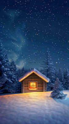 冬季夜晚蓝色星空下的小木屋灯火平安夜插画背景