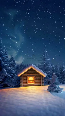 冬季夜晚蓝色星空下的小木屋灯火平安夜插画背景