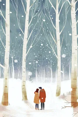 冬天森林里的情侣相拥赏雪白桦树白雪立冬小雪冬至卡通插画背景