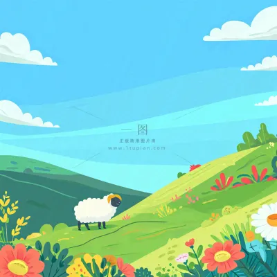 春天清新蓝天白云草地绵羊花朵扁平插画手绘 春天清新蓝天白云草地绵羊花朵扁平插画手绘