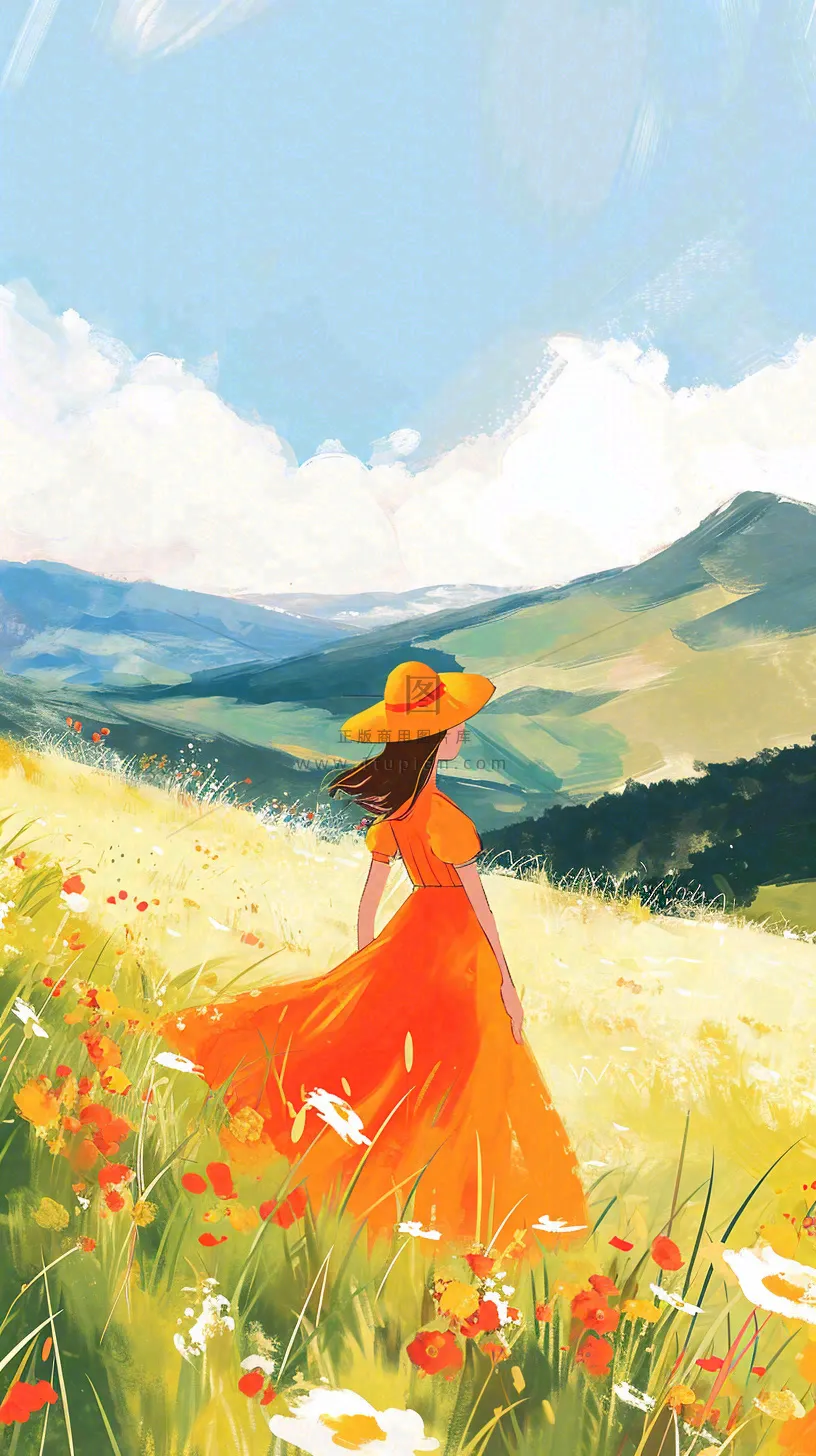 春天山脉草坪花海上穿裙子的女孩油画手绘插画，清新浪漫，踏青春游