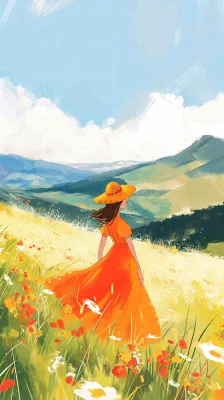 春天山脉草坪花海上穿裙子的女孩油画手绘插画,清新浪漫,踏青春游 春天山脉草坪花海上穿裙子的女孩油画手绘插画,清新浪漫,踏青春游