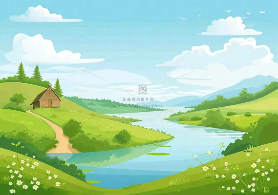 春日旅行草坪草丛花朵河流小溪野外郊游插画,春分 春日旅行草坪草丛花朵河流小溪野外郊游插画,春分