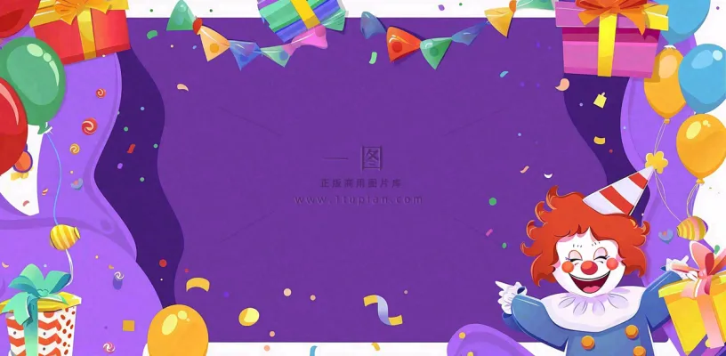 马戏团小丑表演开心紫色卡通搞怪愚人节插画背景