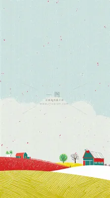 清新山脉草坪点线面扁平屋子树木手绘插画 清新山脉草坪点线面扁平屋子树木手绘插画