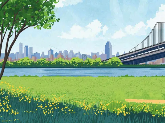 城市河边草地交通风景，春天阳光蓝天白云手绘插画