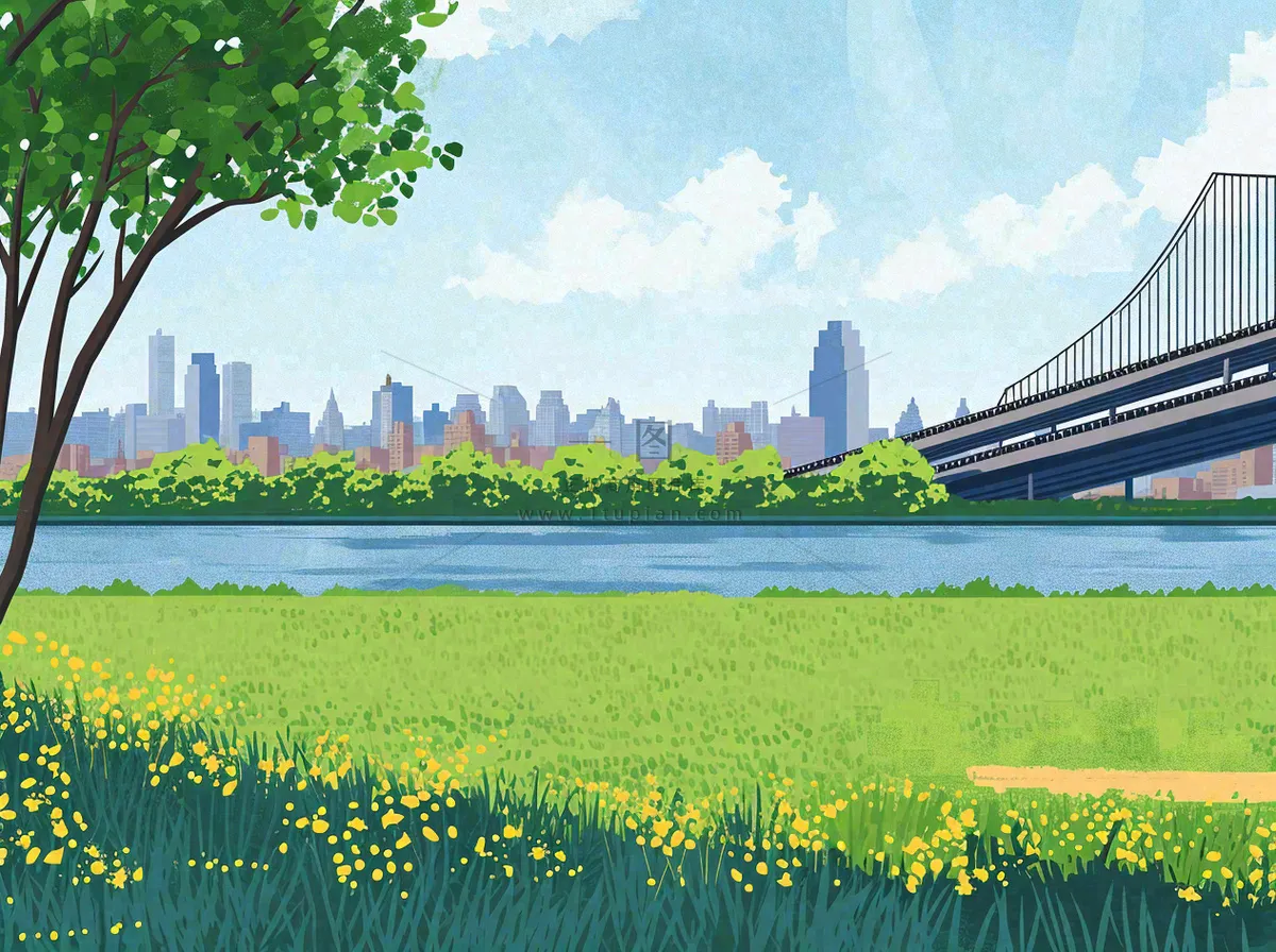 城市河边草地交通风景,春天阳光蓝天白云手绘插画