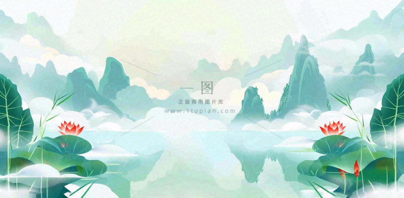 中国风插画山水竹叶青色插画清新淡雅端午节插画背景 中国风插画山水竹叶青色插画清新淡雅端午节插画背景