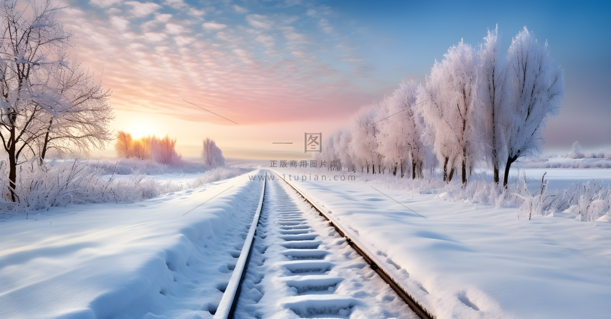 冬天雪景图下雪铁轨旁边空旷的地上厚厚的积雪摄影图