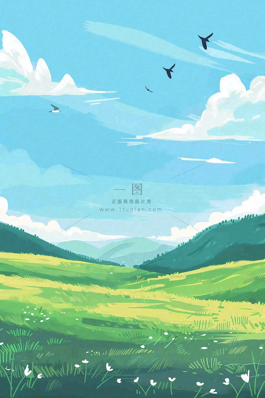 春天春暖花开草原蓝天白云燕子惊蛰春分卡通插画背景