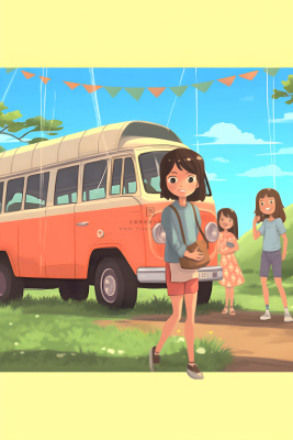 开车旅游草原花草人物卡通插画背景 开车旅游草原花草人物卡通插画背景