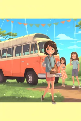 开车旅游草原花草人物卡通插画背景 开车旅游草原花草人物卡通插画背景