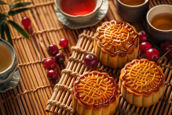 中国传统糕点月饼竹制托盘上的茶杯中秋节摄影图