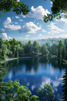 夏天晴天湖泊森林倒影摄影图