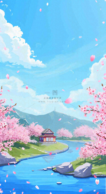 春天浪漫粉色樱花山脉河流蓝天白云清新手绘扁平插画，立春惊蛰