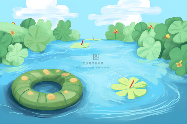 夏日玩水湖面植物荷叶睡莲插画背景 夏日玩水湖面植物荷叶睡莲插画背景