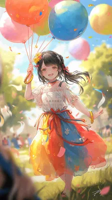 一个可爱的小女孩手里牵着彩色气球在草地上奔跑夏天,儿童节 一个可爱的小女孩手里牵着彩色气球在草地上奔跑夏天,儿童节