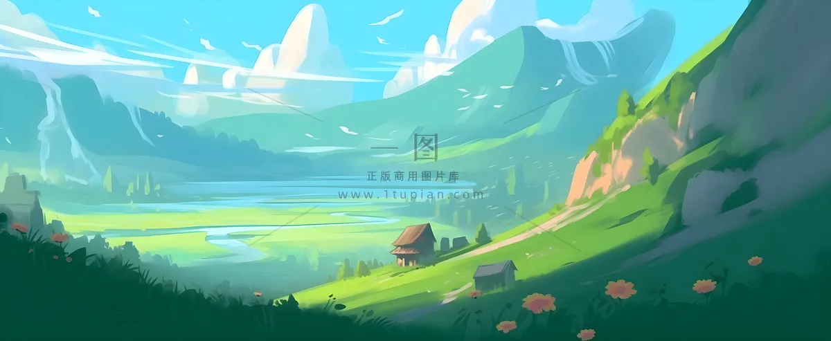 春天蓝天白云草原绿色树草地手绘插画海报素材背景