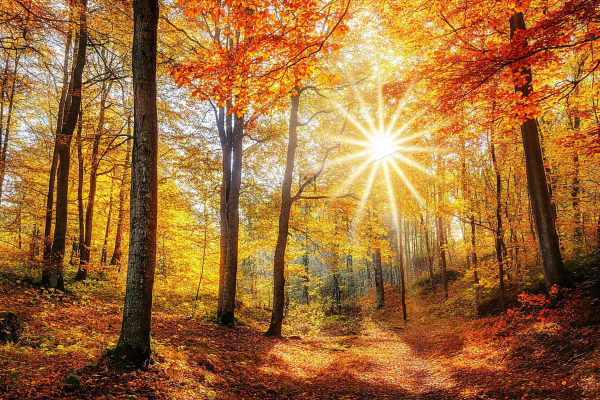 秋天金黄森林里的阳光温暖风景摄影图