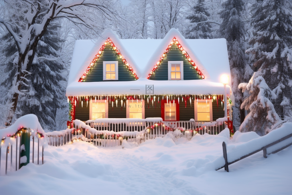 圣诞节雪木屋装饰灯森林木屋摄影图
