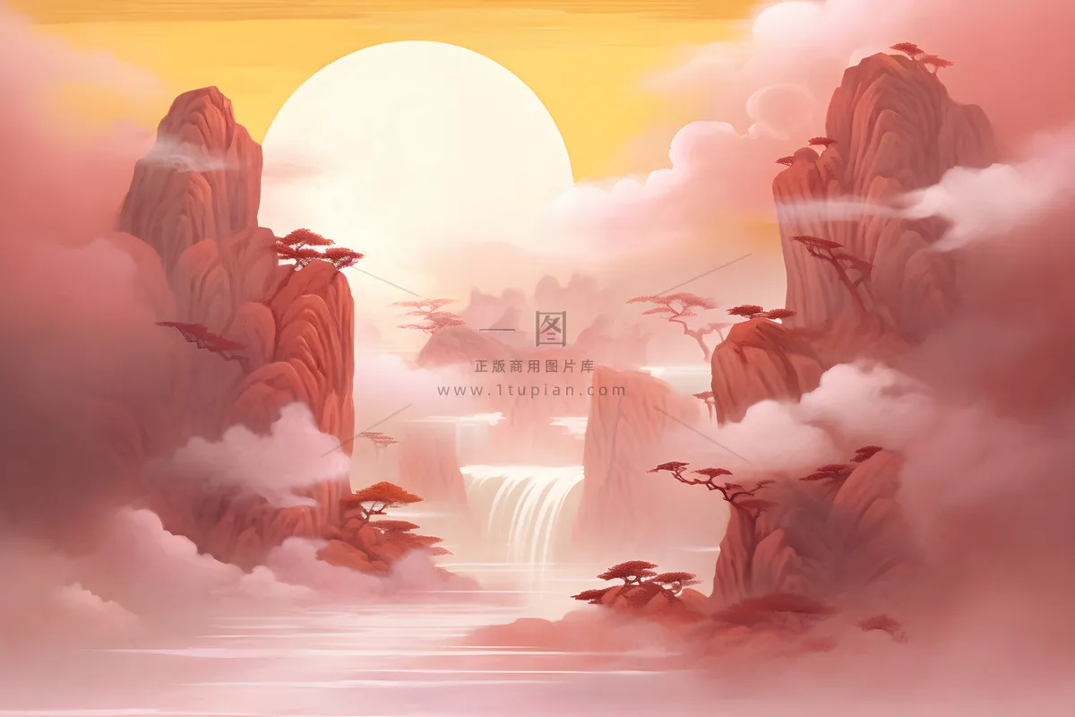 红色简约月光山脉背景