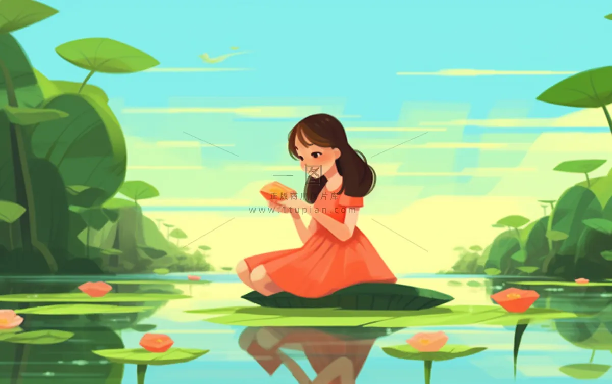 湖泊坐着睡莲上的人碧蓝插画背景