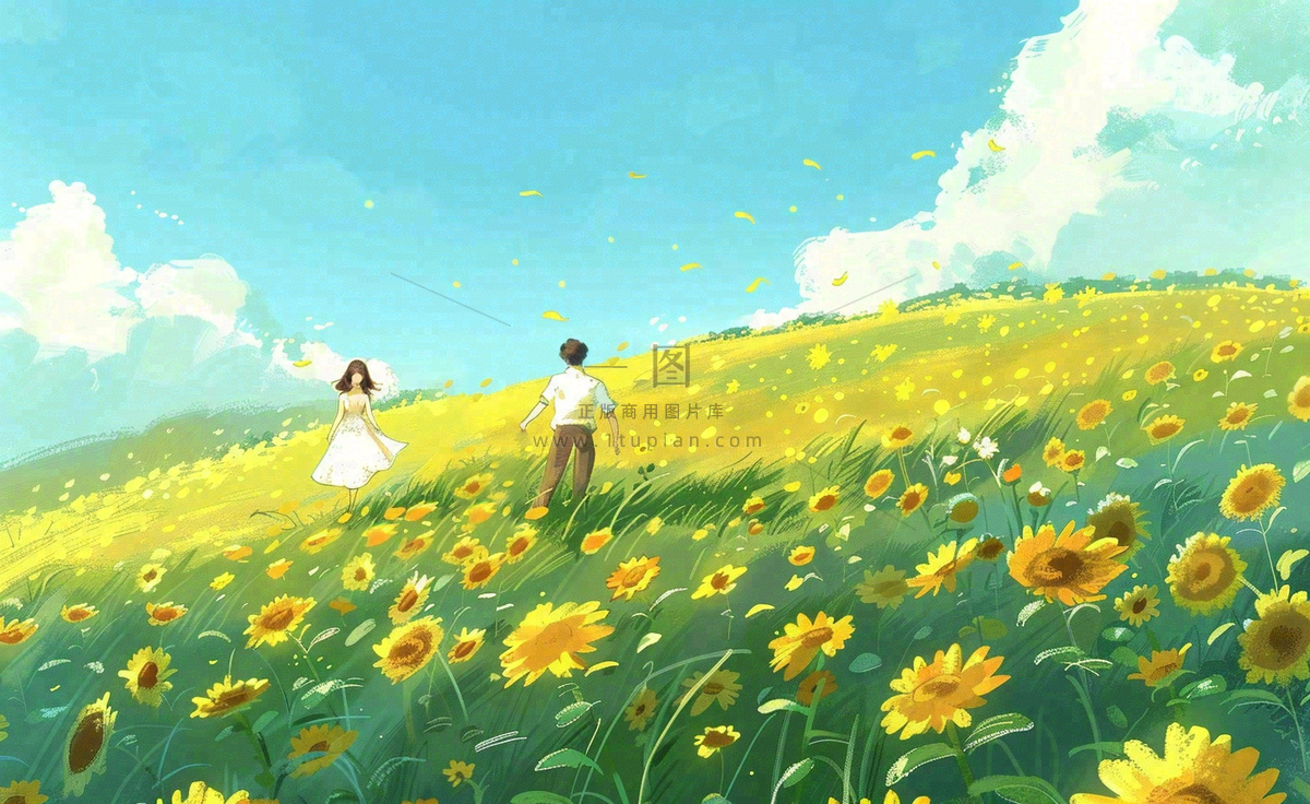 向日葵花海里的情侣恋人浪漫蓝天白云立夏夏至情人卡通插画背景