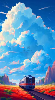 蓝天白云交通高铁铁路火车,草坪鲜花彩色插画 蓝天白云交通高铁铁路火车,草坪鲜花彩色插画