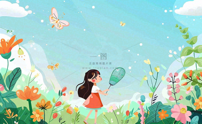 春天女孩在花丛里扑蝴蝶玩耍儿童节踏青春分插画背景
