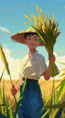 农民抱着一束水稻稻穗农田小满芒种插画背景