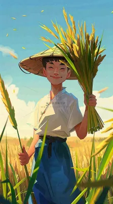 农民抱着一束水稻稻穗农田小满芒种插画背景