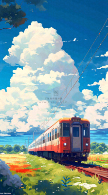 蓝天白云交通高铁铁路火车，草坪鲜花彩色插画