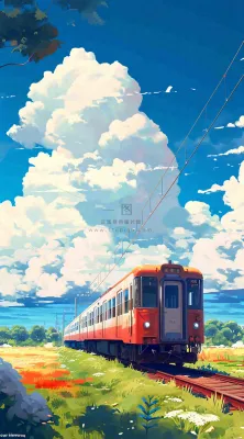 蓝天白云交通高铁铁路火车,草坪鲜花彩色插画 蓝天白云交通高铁铁路火车,草坪鲜花彩色插画