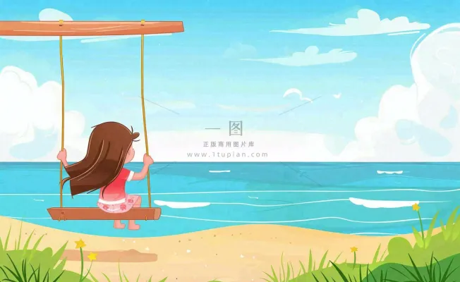 夏天海边风景大海沙滩蓝天白云立夏夏至大暑小暑唯美插画背景